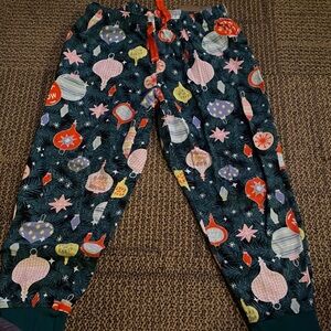 Old Navy Dark Green Holiday Ornament Pajama Pants with Pink Red Yellow Accents